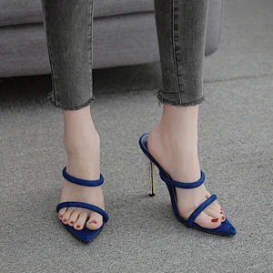 Hot Sale New PU Leather Pointed Open Toe High Heels Slip-On Slippers Rhinestone Thin Heel Sandals Women Dress Shoes