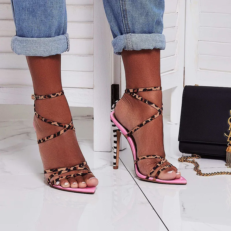 101879 DEleventh Shoes Woman Pattern Color Matching Leopard Sexy Cross-Strap Fashion Pointy Toe Stiletto High Heels Shoes