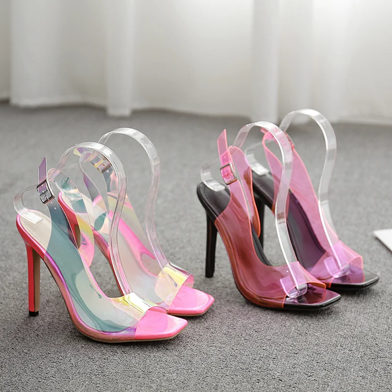 DEleventh Shoes Woman 2020 Hot Selling Color Transparent PVC Stiletto Sandal Square Toe  High Heels Shoes Ladies Shoes Black Red