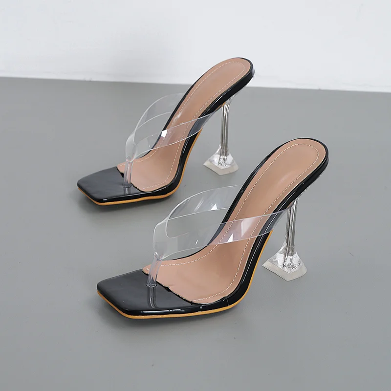 101147Deleventh Shoes Woman Sexy PVC Clear Slippers Square Toe Slip-On Open Toe Wine Glass High Heels Party Sandals 2020