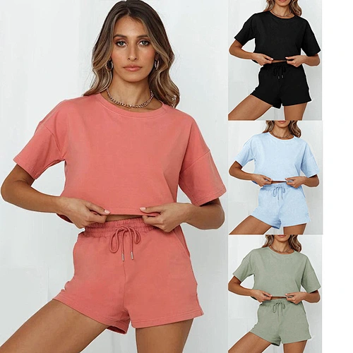 Solid Color Short Sleeve Crop Top Shorts Set Womens 2 Piece Set Casual Home Two Piece Outfits Women Clothing