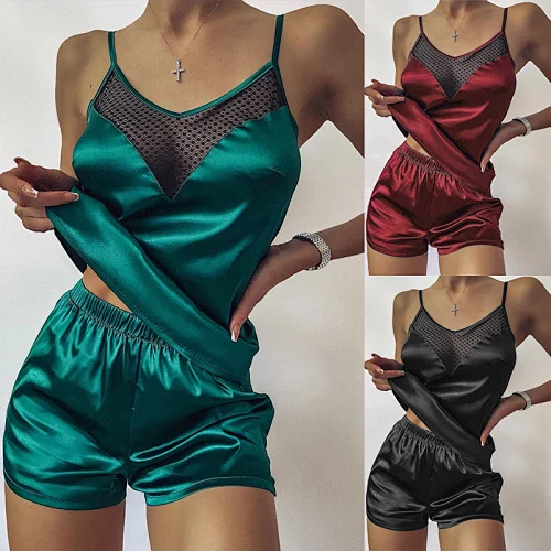 Wholesale Satin Two Piece Sets Strap Pajamas Women Nightwear Pajamas Short Set