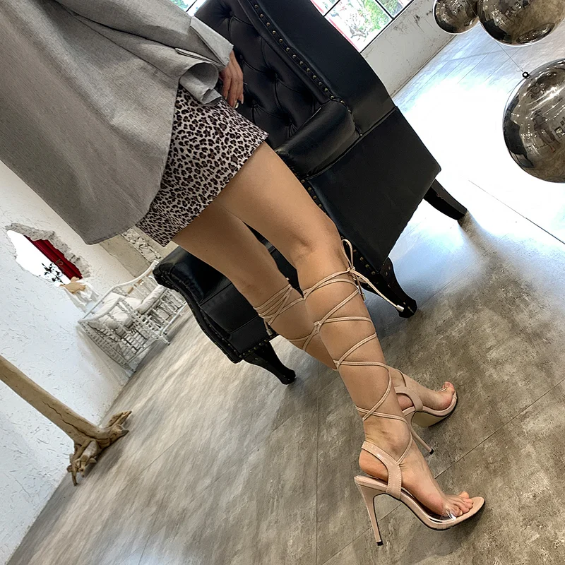 DEleventh Shoes Woman Summer Sexy PVC Clear Peep-Toe Sandals Ankle Crossed Tied Stiletto High Heels Party Sandals Beige Black