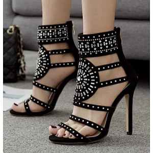 101912 DEleventh Shoes Woman Summer Party Sandals Peep-Toe Sexy Rome Rhinestone Crystal Suede StilettoHeels Gladiator Shoes