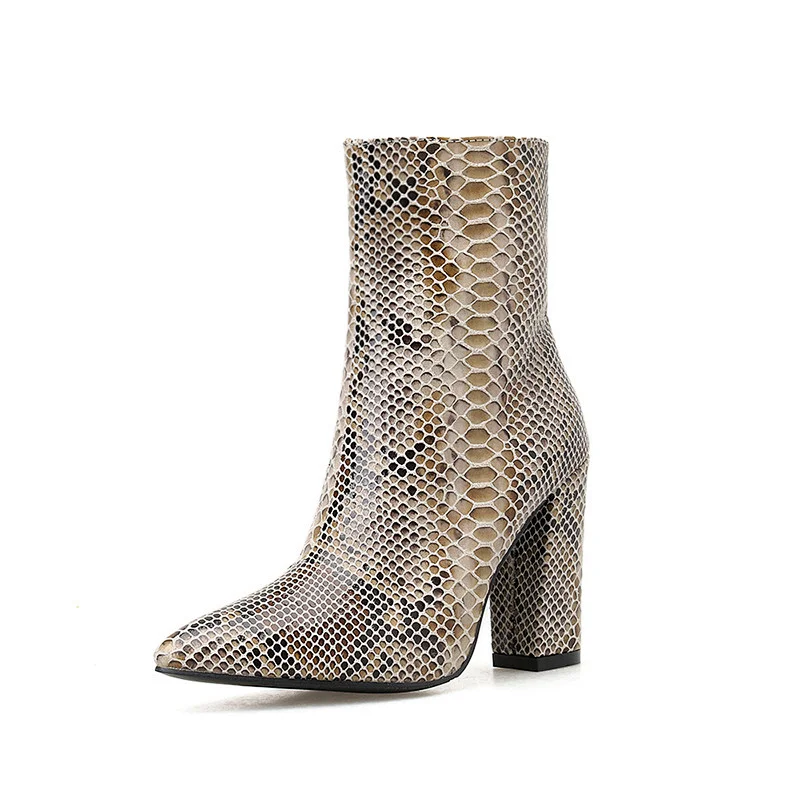DEleventh Shoes Woman New Side Zipper Formal Ankle Coarser High Heel Boots Sexy Pointy Toe Snakeskin Leather Autumn Winter Shoes