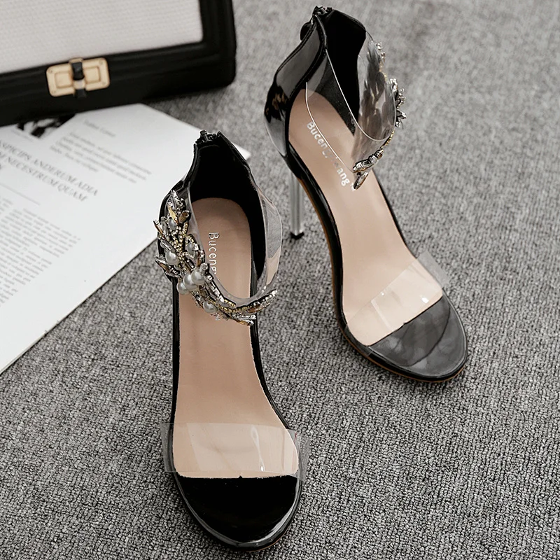 DEleventh Shoes Woman Sexy Pearl Metal Buckle PVC Clear High Sandals Ladies Fashion Pointy Toe Stiletto Heels Shoes Black Wholes