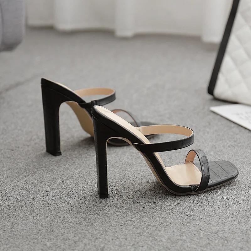 DEleventh Shoes Woman Summer Sandal Square Toe Rome Coarser High Heel Shoes New PU Leather Fashion Peep-Toe Slipper  Black White