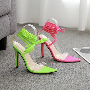 DEleventh Woman Shoes PVC Clear Pointy Toe Sandals Ankle Crossed Tied Coarser High Heels Summer Shoes Green Pink Plus Size 43