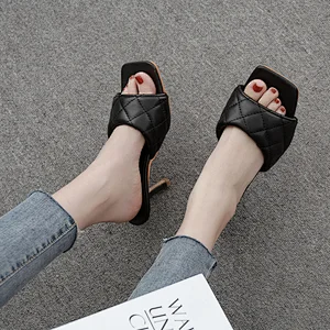 101017DEleventh Shoes Woman New Arrivals 2020 PU Leather Plaid  Heels Sandals Party Shoe Square Toe Stiletto Heels Slipper