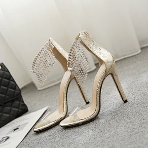 DEleventh Women Shoes Wholesale In Stock  PVC Clear Rhinestone Fashion Sandals Stiletto Heels Ladies Dress Shoes Black Gold