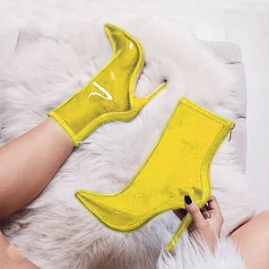 DEleventh Shoes Woman Motorcycle Boots New PVC Jelly  Transparent Pointy Toe Ankle Boot Stiletto Heels Formal Shoes Yellow Beige