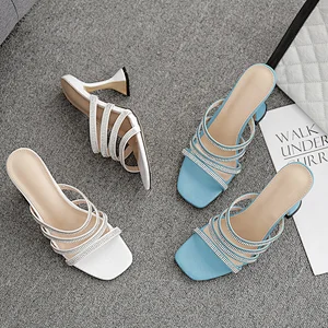 DEleventh  Woman Shoes Rhinestone Rome Summer Sandals Wine Glass High Heels Square Toe  Ladies Slipper Plus Size 42 White Blue