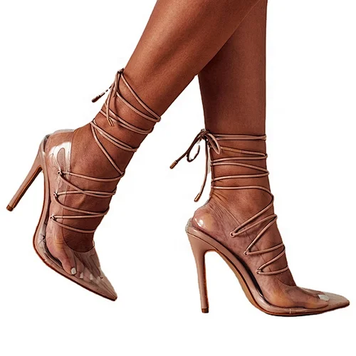 ISEEYOUFIRST Shoes Woman Hot Selling Crossed Tied Stilettos Heels Colour Snakeskin Pointy Toe Fashion Heels Sandals Black Beige
