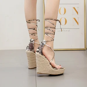 DEleventh Shoes Woman Wedge High Heels Sandals Sexy Snakeskin PVC Clear Peep-Toe Ankle Crossed Tied Party Shoes Plus Size Beige