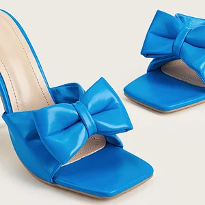 100895DEleventh Shoes Woman Slippers Sexy Bowknot Crystal Heels Square Open Toe Sandals Stiletto High Heels Shoes Blue White