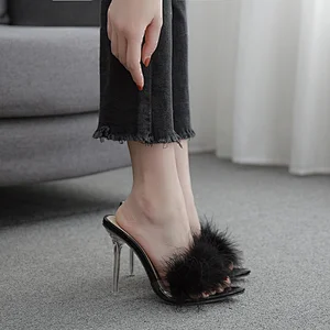 100898 Women's Shoes Slip-On Crystal Thin Heel High Heels Pointed Toe Fur Slippers Stilettos Sandals Womens Party Shoes