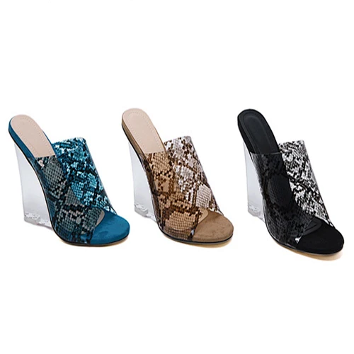 DEleventh shoes women New see-through Serpentine Crystal Wedges Super High Heel Mueller Shoes 3 colors black blue brown