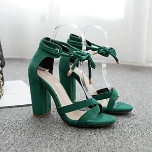 DEleventh Woman Shoes New Design Suede Ankle Crossed Tied Sandals Rome Open Toe  Coarser Heel Fashion Formal Shoes Black Green