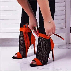 DEleventh Woman Shoes New Arrivals 2020 Sexy Ladies Sandals Mesh Peep Toe Pumps Crossed Tied Stiletto High Heels Black Orange