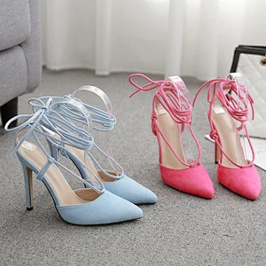 100935DEleventh Woman Shoes Summer Suede Ankle Crossed Tied Stilettos High Heel Sandals Pointy Toe  New Fashion Party  Shoes