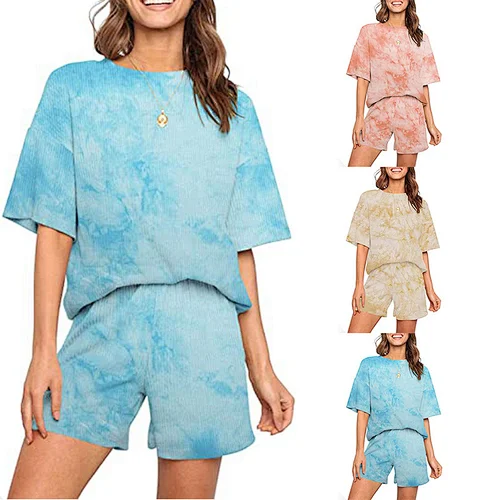 Wholesale Fashion Plus Size Tie Dye Two Pieces Outfits Women Casual Home Wear Two-Piece Shorts Set