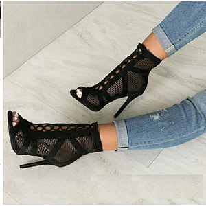 DEleventh Shoes Woman Fashion Cross Strap Stiletto High Heel New Design Brand 2020 Mesh Suede Peep-Toe Summer Party Sandal Black