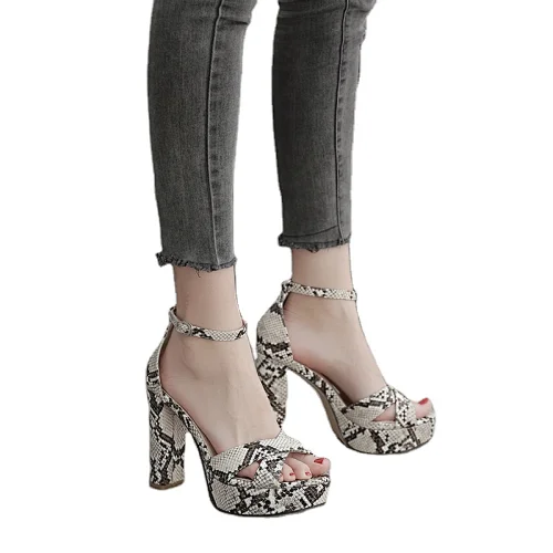 ISEEYOUFIRST Shoes Woman Elegan Snakeskin Waterproof Platform Peep-Toe Heels Shoes Square High Heels Sandals In Stock Wholesale