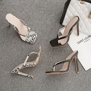 101329DEleventh Shoes Woman 2020 Hot Selling PU Leather Snakeskin Fashion Sandals Square Toe Flip Flops Stiletto Heels Slipper