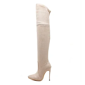 DEleventh Shoes Woman 2020 New Stiletto High Heels Boots Point Toe Sexy Shoes PU Material Shoes Over The Knee High Boots Beige