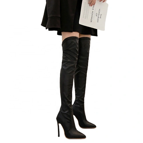 ISEEYOUFIRST Shoes Woman Fashion 2020 PU Leather Pointy Toe Over The Knee High Boots Stiletto High Heels Shoes Black-Plus Size