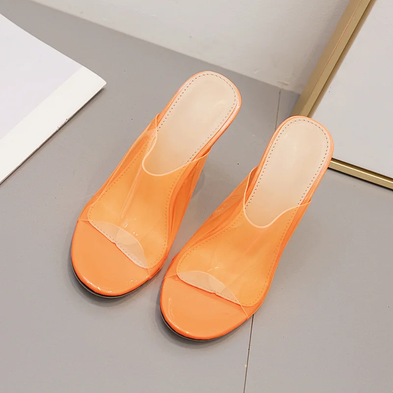 101505DEleventh Shoes Woman Sexy Crystal Heel Slippers New Transparent PVC  Peep-Toe Coarser High Heels Sandals Orange Beige