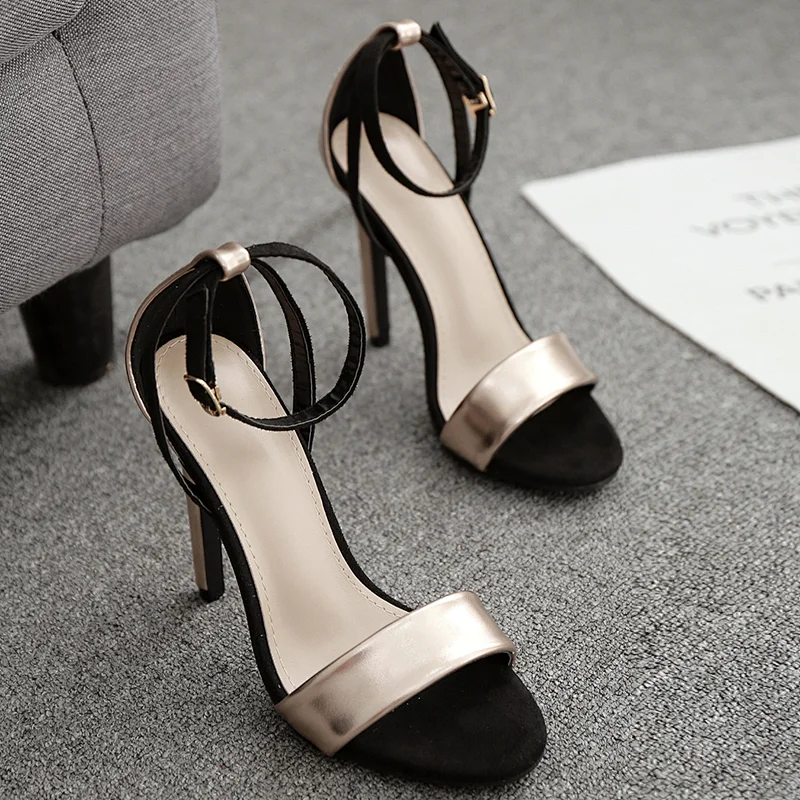 101370 DEleventh Shoes Woman Sandals New Design Summer 2020 Sexy PU Leather Plaid Peep-Toe Heels Stiletto High Heels Party