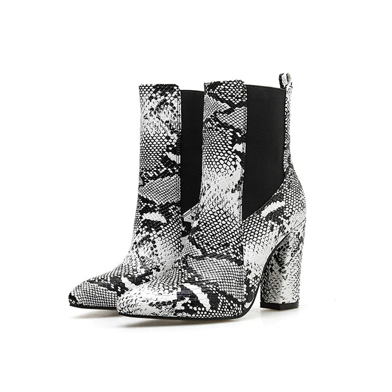 DEleventh Shoes Woman Sexy Snakeskin Elastic Coarser High Heel Short Boots Winter Hot Selling Pointy Toe Party Shoes Big Size 42