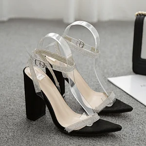 DEleventh Woman Shoes Hot Selling PVC Clear New Fashion Rhinestone Sandals Peep-Toe Coarser High Heels For Party Shoes  Black