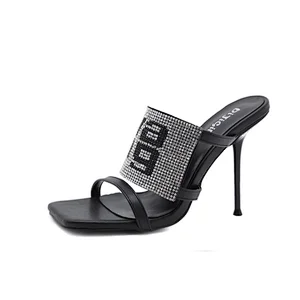 DEleventh Shoes Woman 2020 New Style Shoes Bling Rhinestone Letter Square Open Toe Heels Sandals Stiletto Heels Plus Size Black