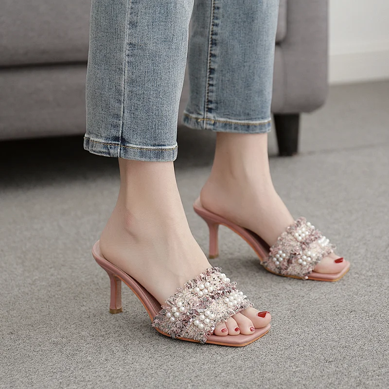 DEleventh Shoes Woman New Style Shoes Beaded Fashion Sandals Hot Selling Square Toe Middle Stiletto Heels Slipper Black Beige