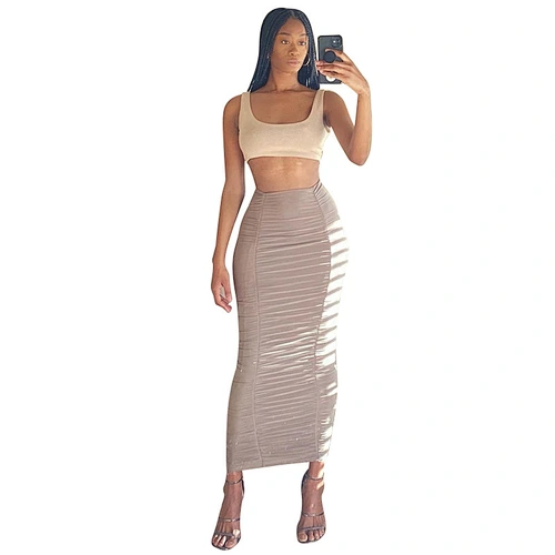 Hot Sale Fashion Clothing Women High Waist Bodycon Casual Long Maxi Pleated Skirt