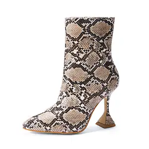Deleventh Shoes Woman Party Shoes Sexy Snakeskin PU Leather Pointy Toe Side Zipper Wine Glass High Heels Ankle Boots 2020 Winter