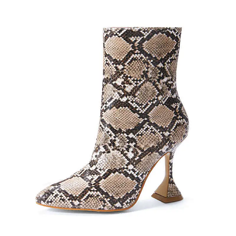 Deleventh Shoes Woman Party Shoes Sexy Snakeskin PU Leather Pointy Toe Side Zipper Wine Glass High Heels Ankle Boots 2020 Winter