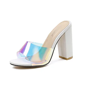 DEleventh Shoes Woman New Fashion 2020 PVC Neon Decoration Sandal Block Heel for Ladies Party Shoes New Elegant Open Toe Slipper