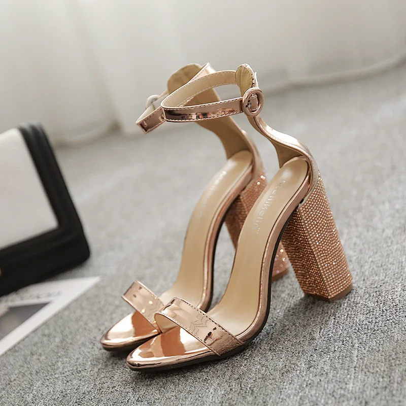 DEleventh Woman Shoes 2020 PU Leather Rhinestone Fashion Sandals Rome Open Toe Coarser High Heels  Gold Ladies Wedding Shoes