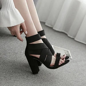 DEleventh Shoes Woman Sexy Hollow Roman Cross Elastic Band Ladies Shoes New Coarser High Heel Party Sandal Black Brown Wholesale