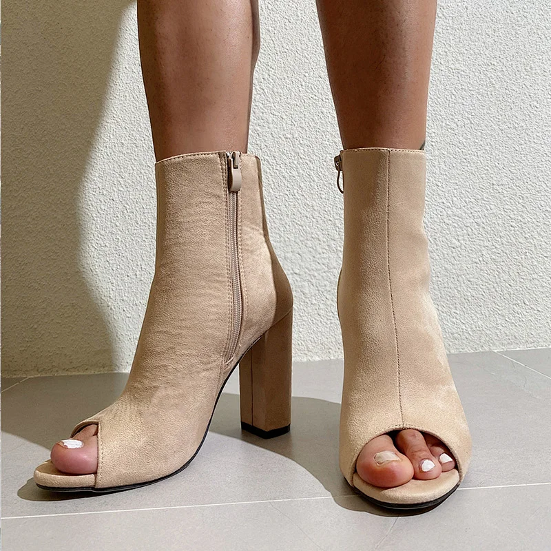 DEleventh Shoes Woman In Stock Ankle Pumps New Fashion 2020 Peep-Toe Zippers Suede Coarser High Heels Formal Shoes Black Beige