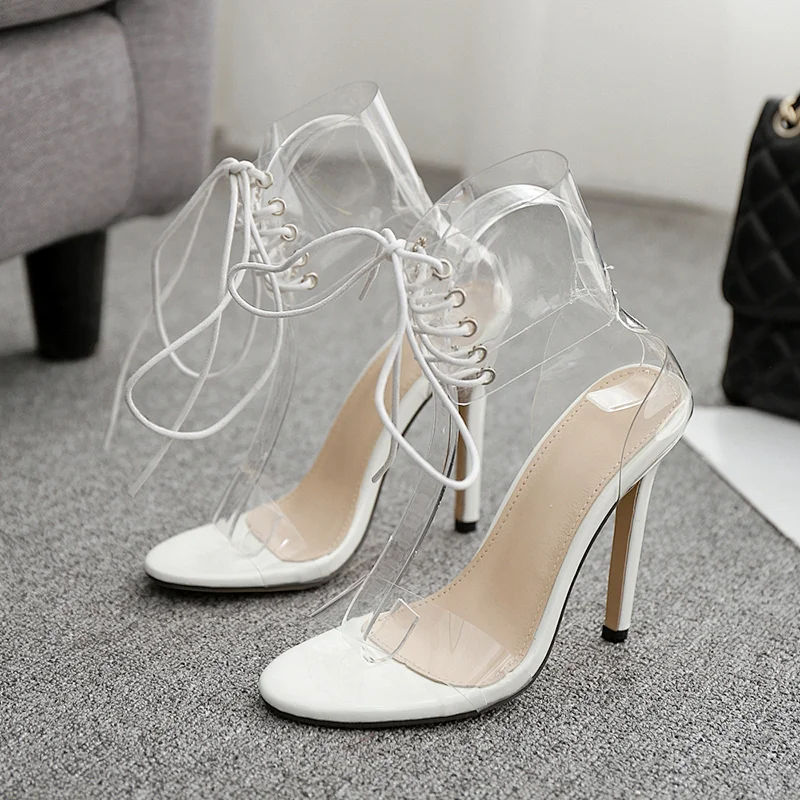 DEleventh Shoes Woman New Style Shoes Transparent PVC Heels Sandals Ankle Tied  Stiletto High Heels Shoes Hot Selling Silver