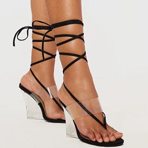 DEleventh Shoes Woman Roman Lace Up PVC Clear Wdge Heel Sandals Summer Square Toe High Heels Shoes Beige Black In Stock  Wholesa