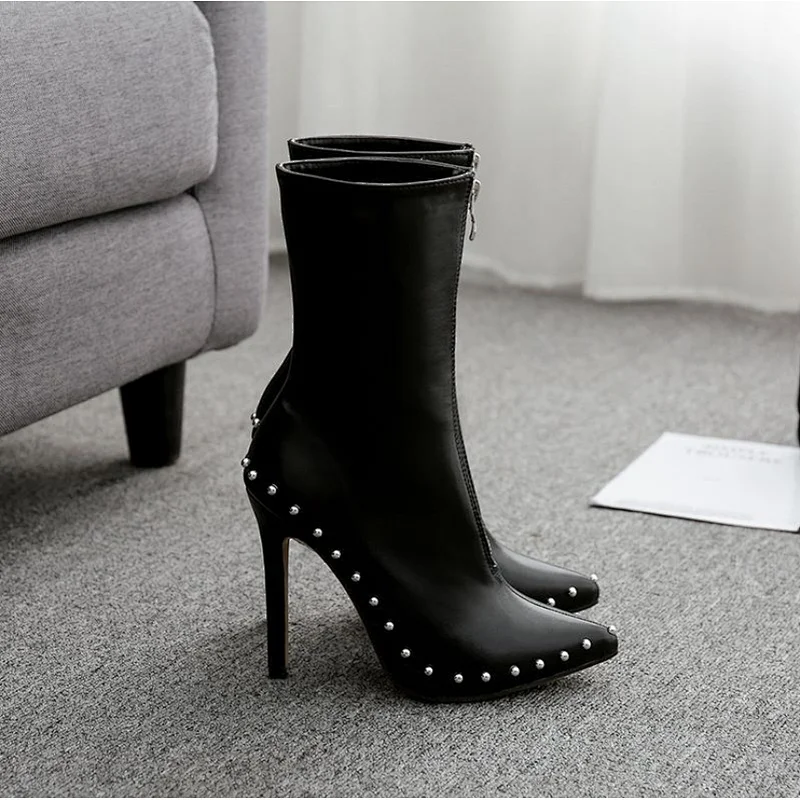 101363 Large size women short boots high thin heel mid-calf boots shoe sexy pointed toe with Rivets Zipper Boots