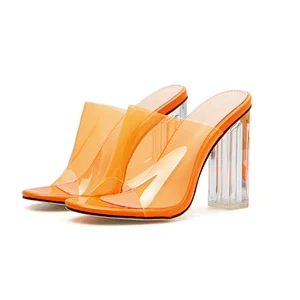 101505DEleventh Shoes Woman Sexy Crystal Heel Slippers New Transparent PVC  Peep-Toe Coarser High Heels Sandals Orange Beige