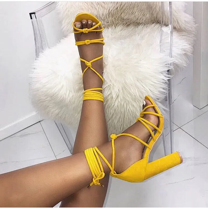100532DEleventh Woman Shoes Hot Selling Roman Suede Fashion Sandals Ankle Crossed Tied  Coarser Heel Ladies Dress Shoes Black