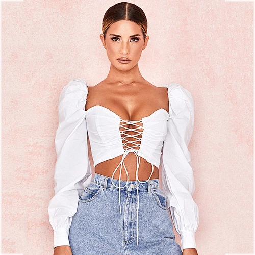 Women Sexy Long Sleeve Square Collar Lace Up Top Sexy Fashion Corset Cropped Tank Crop Top