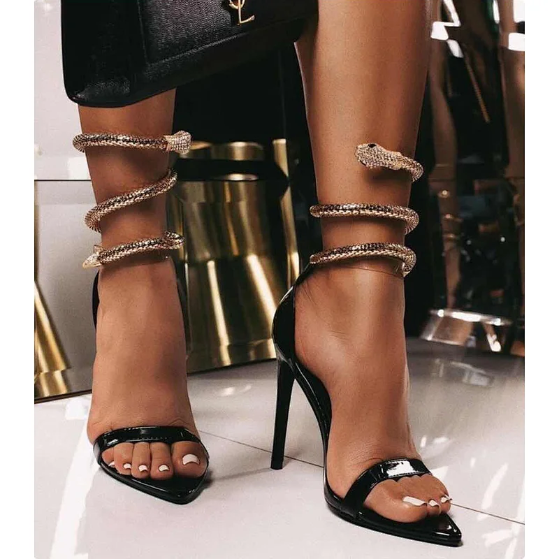 100714DEleventh Shoes Woman New Personalized Sexy Snake Decor Heels Sandal Fashion Pointy Open Toe Stiletto Heels Party Shoes